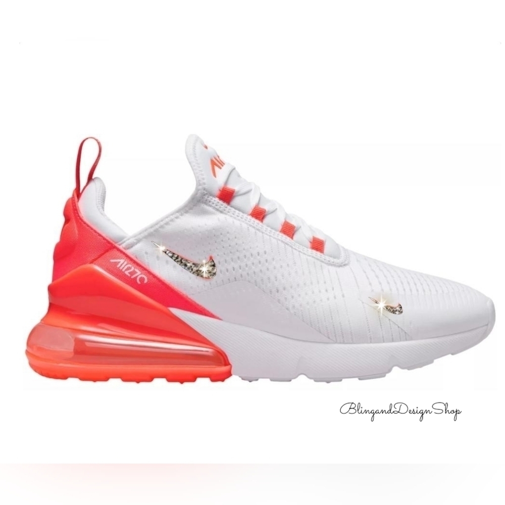 Bling Nike Air Max 270 Orange White Sneakers Shoes Customized with Crystals